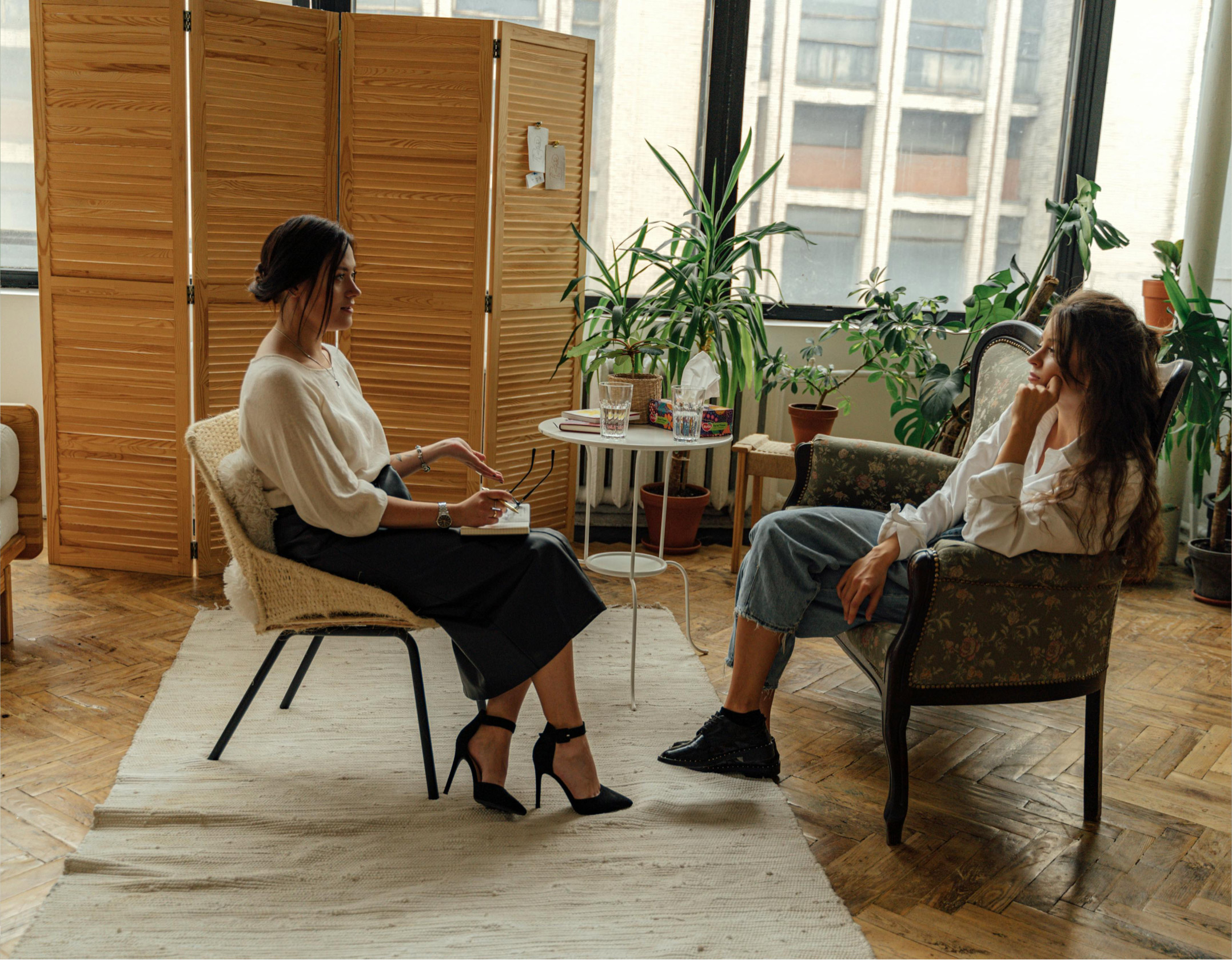Cozy counseling session with plants and divider