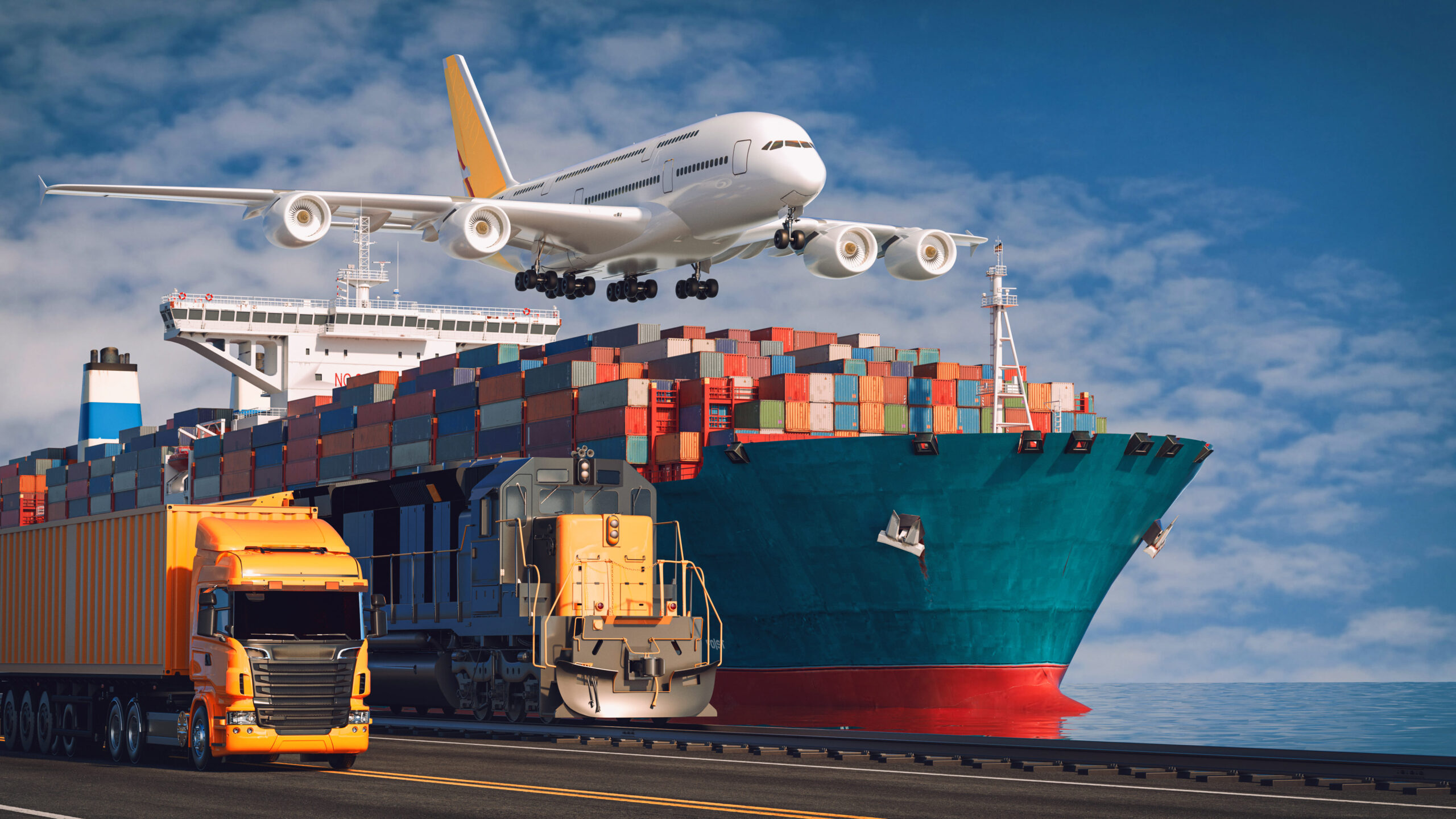 Cargo transport: ship, plane, truck, train.