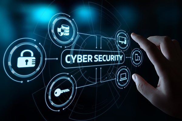 Hand interacting with cybersecurity digital interface.