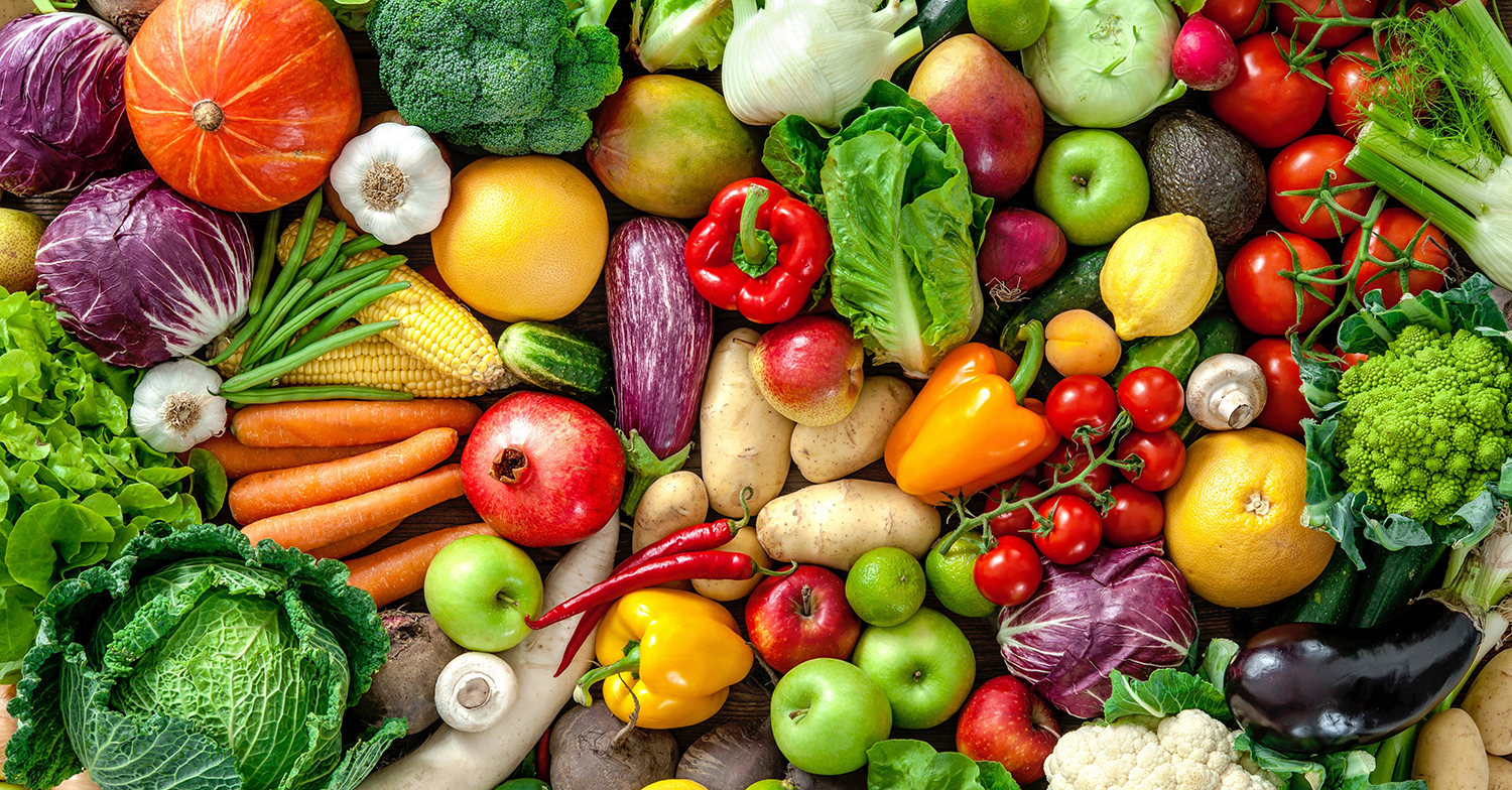 Colorful variety of fresh fruits and vegetables.