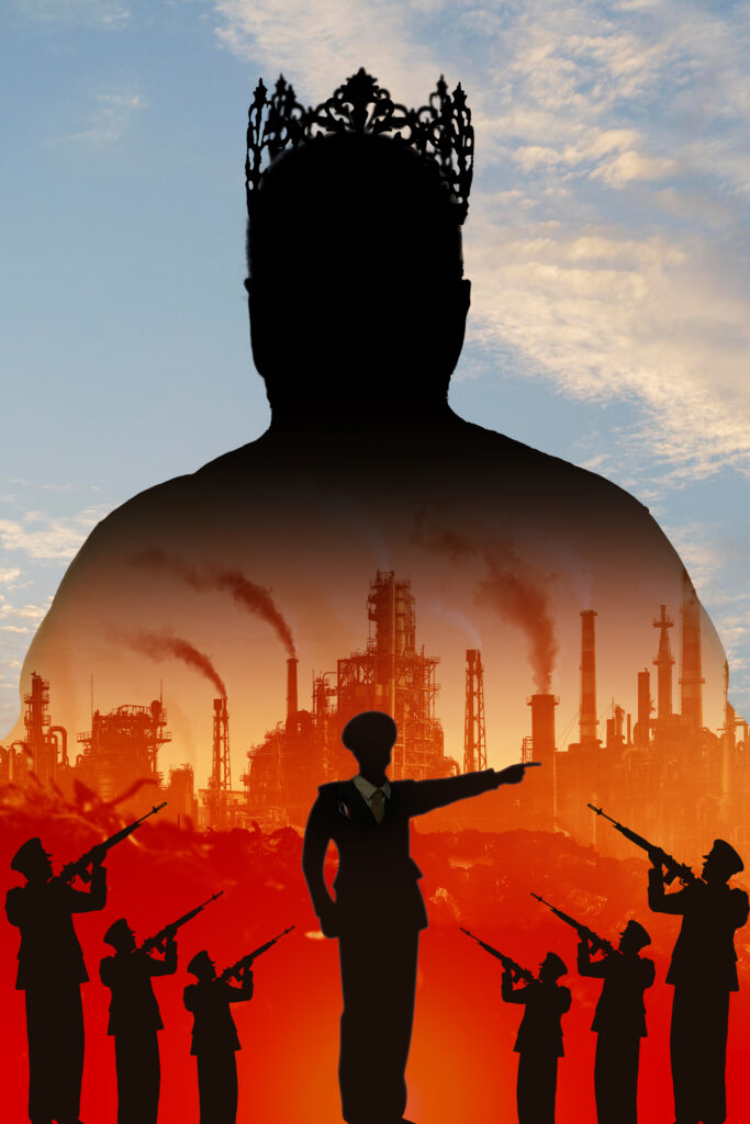 Silhouette with crown, soldiers, and industrial background.