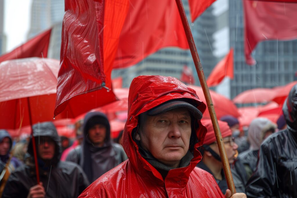 Protesters with red flags and umbrellas.