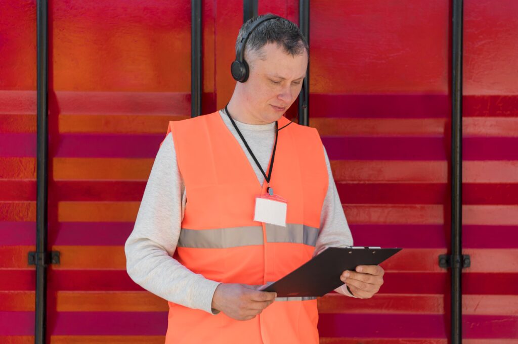 Warehouse worker in orange vest with clipboard.