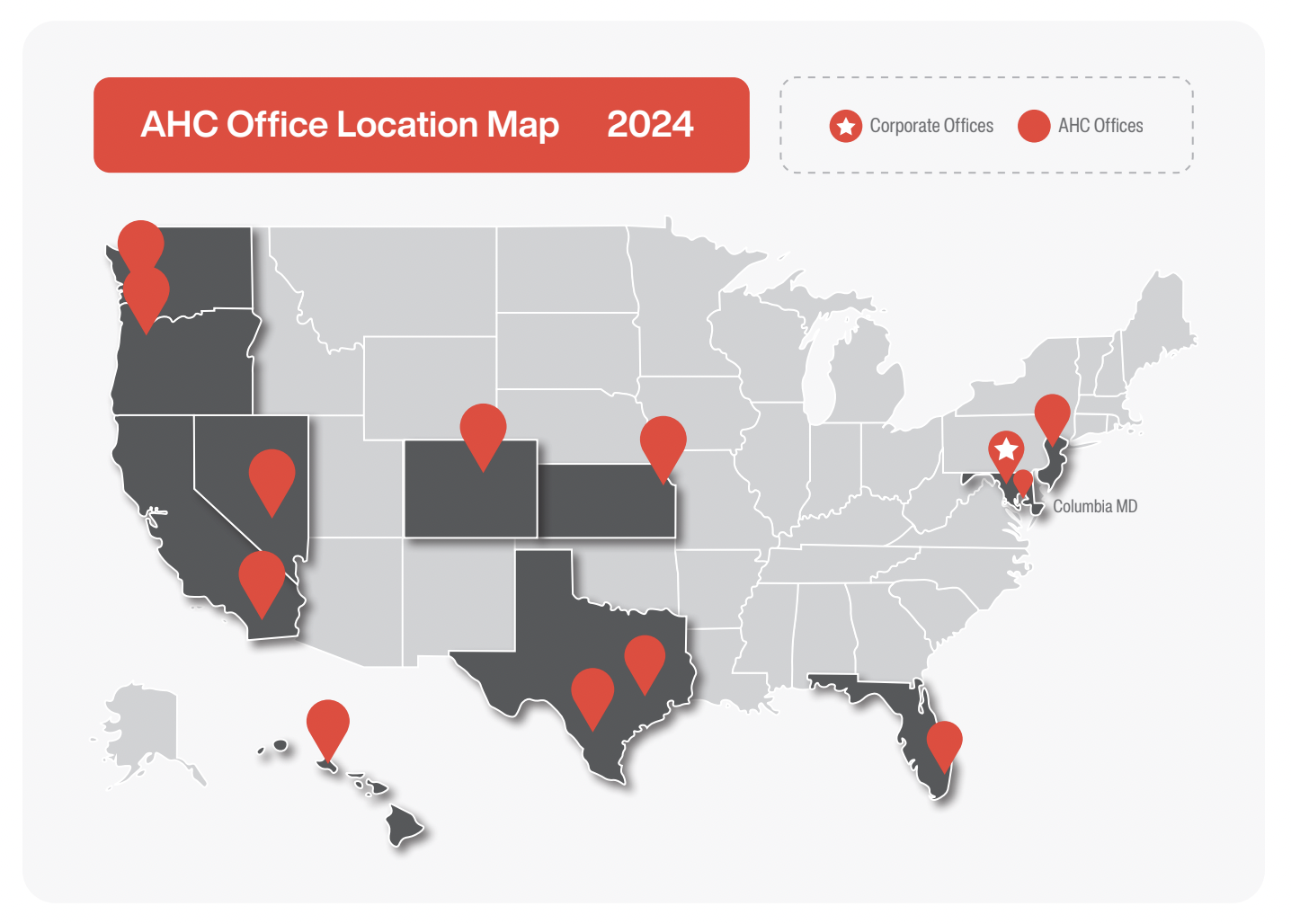 Map of AHC office locations in 2024.