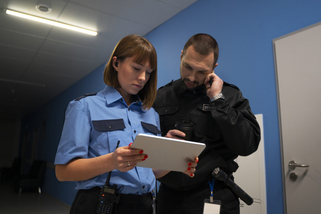 Two security officers reviewing information on tablet.